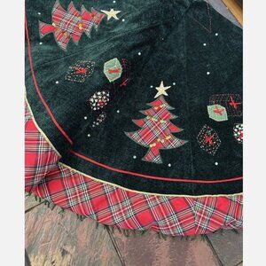 Christmas Tree Skirt Green Velvet Beaded Embroidered Fringe Large 47"